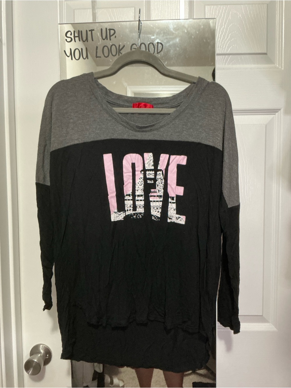 Hot Kiss Gray and Black Colorblock Long Sleeve Top LOVE